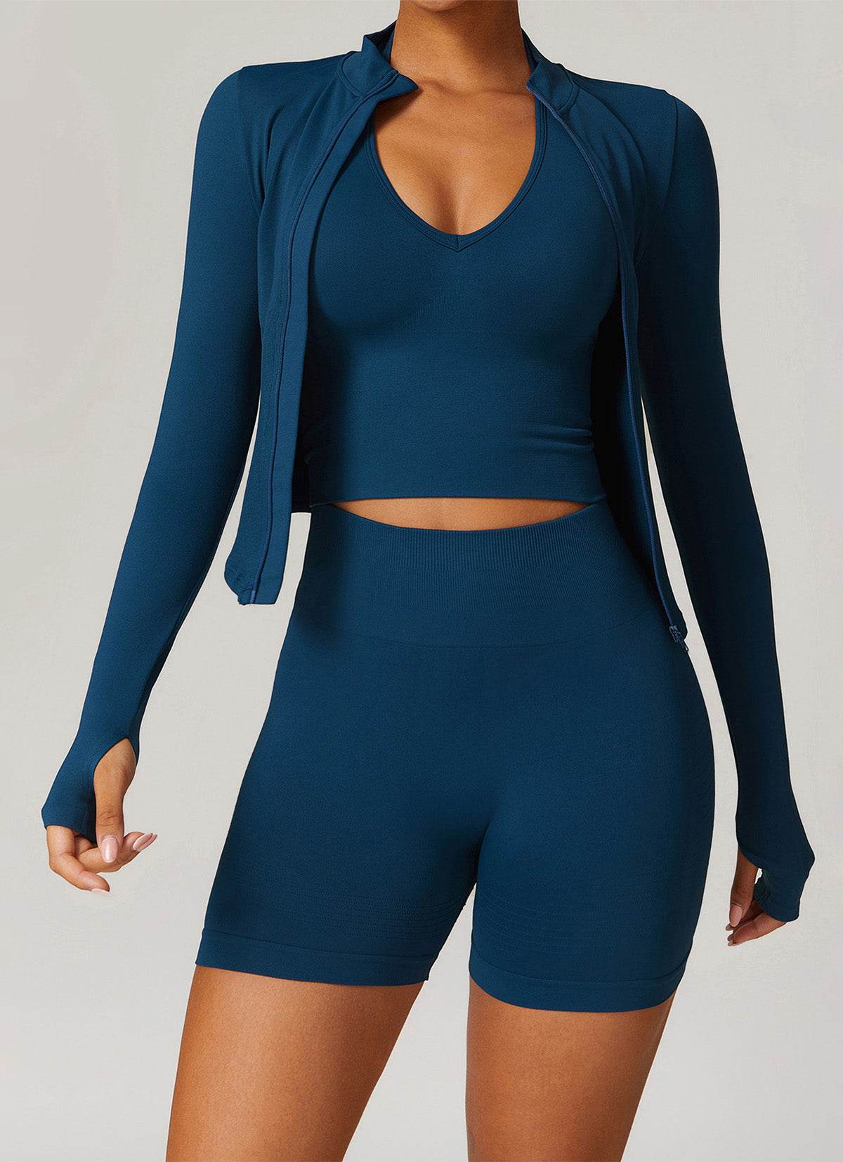 Full Zip Cropped Workout Jacket with Thumb Holes - Artadvier