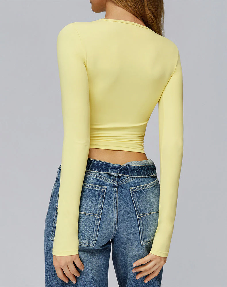 Crewneck Long Sleeve Shirt Basic Tees Slim Fit Crop Tops - Artadvier