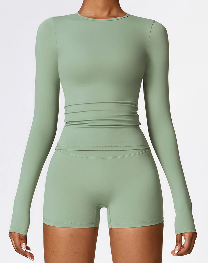 Crewneck Long Sleeve Shirt Basic Tees Slim Fit Crop Tops - Artadvier