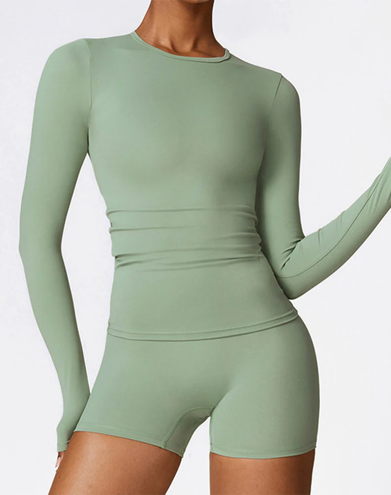 Crewneck Long Sleeve Shirt Basic Tees Slim Fit Crop Tops - Artadvier