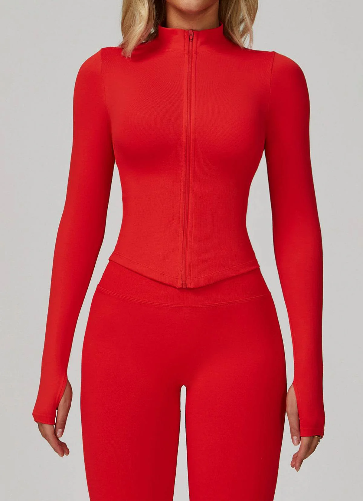 Full Zip Cropped Workout Jacket with Thumb Holes - Artadvier