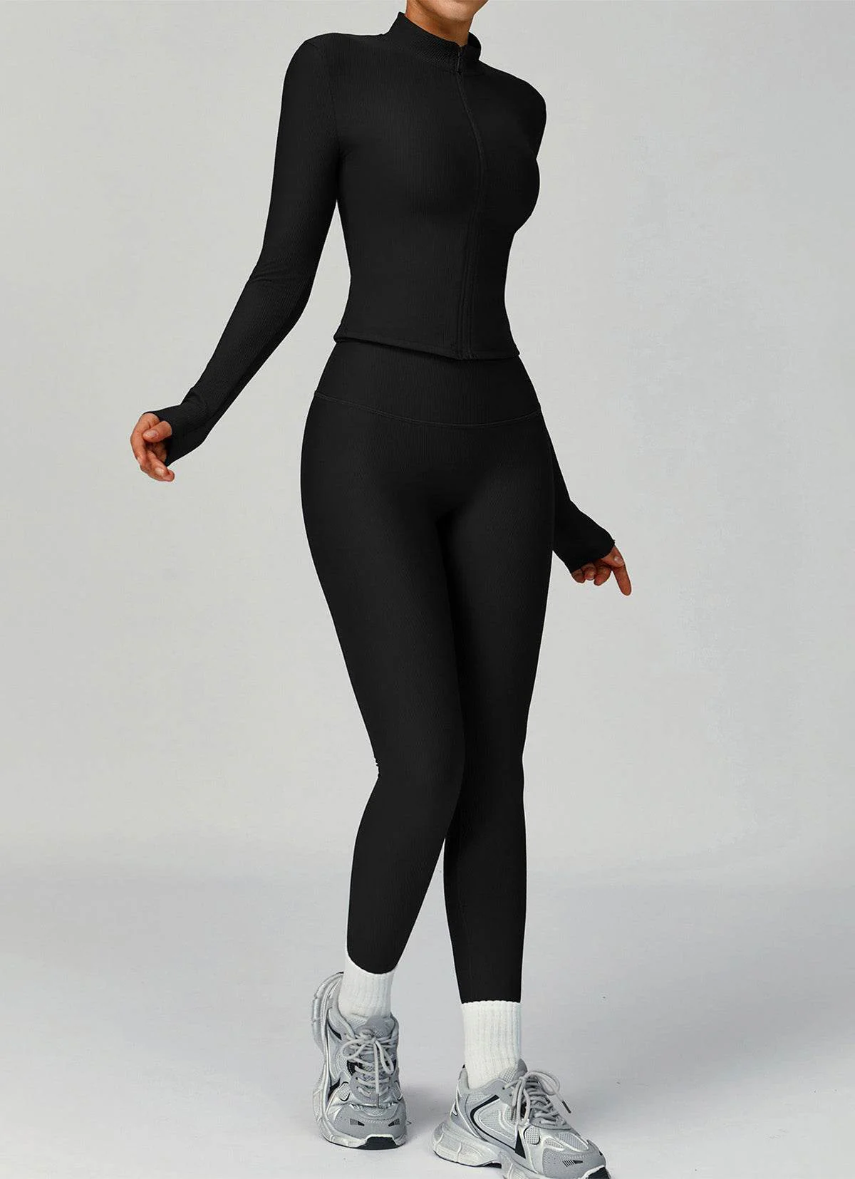 Ribbed Activewear Set with Running Jacket and Legging - Artadvier