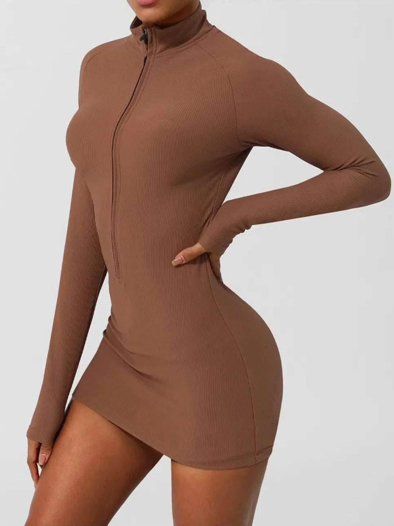 Skinny Long Sleeve Yoga Short Length Dress - Artadvier