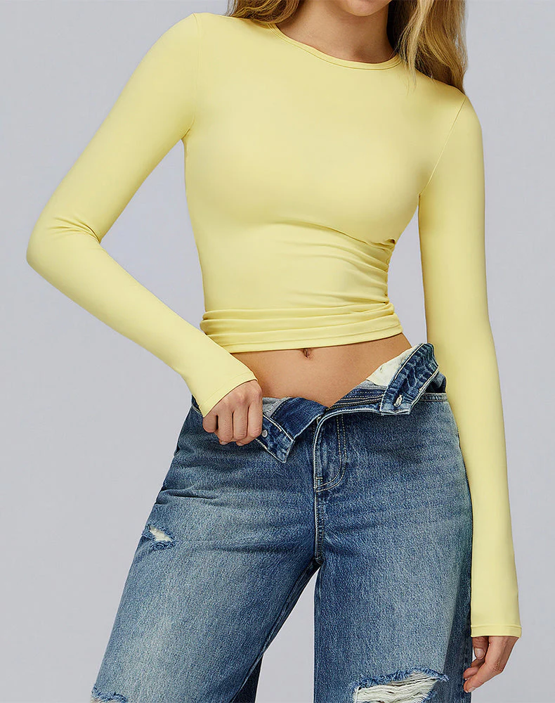 Crewneck Long Sleeve Shirt Basic Tees Slim Fit Crop Tops - Artadvier