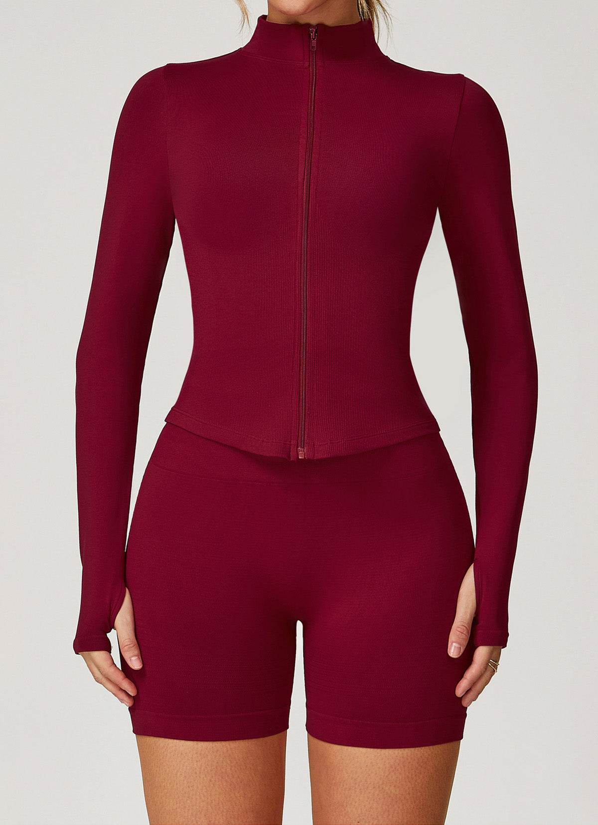 Full Zip Cropped Workout Jacket with Thumb Holes - Artadvier