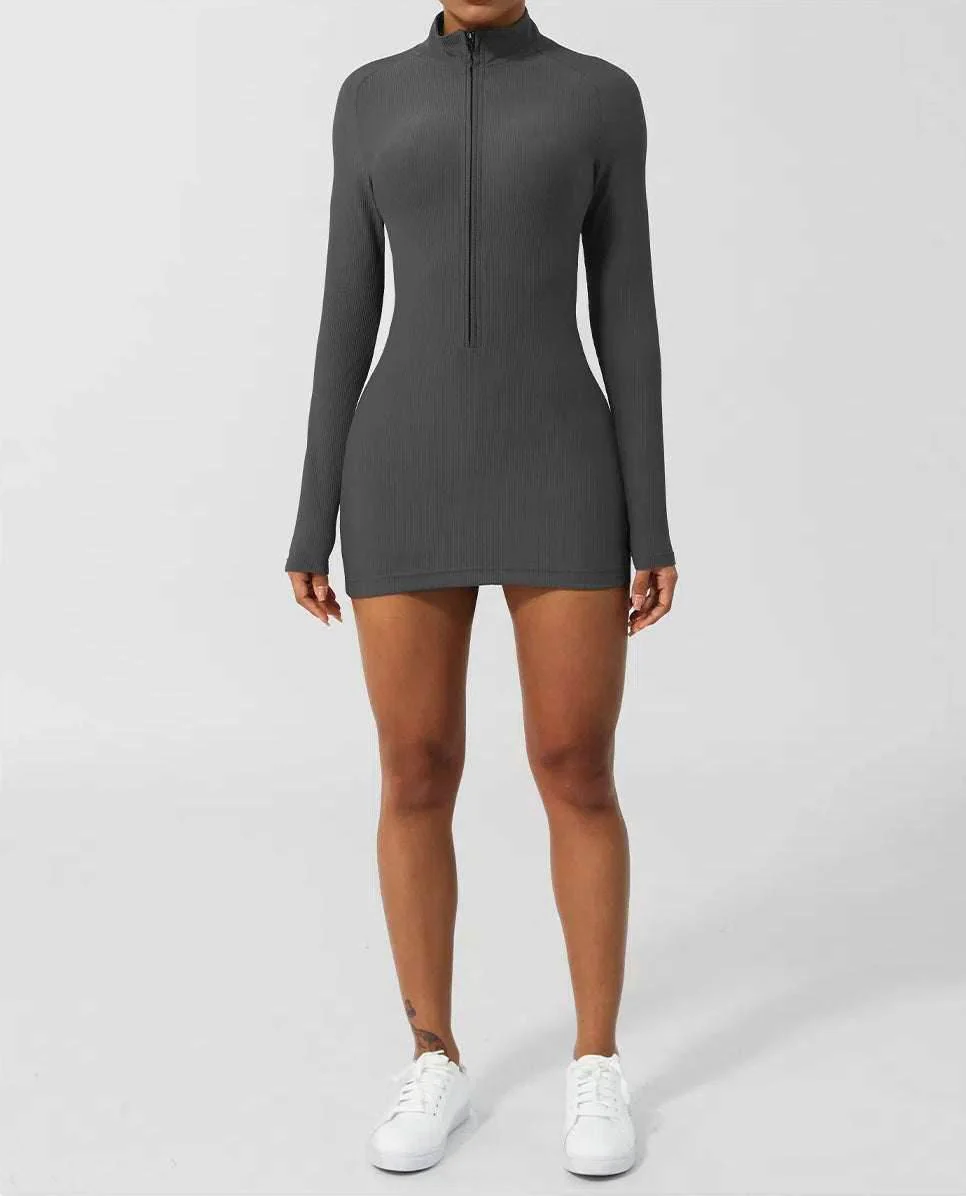Skinny Long Sleeve Yoga Short Length Dress - Artadvier