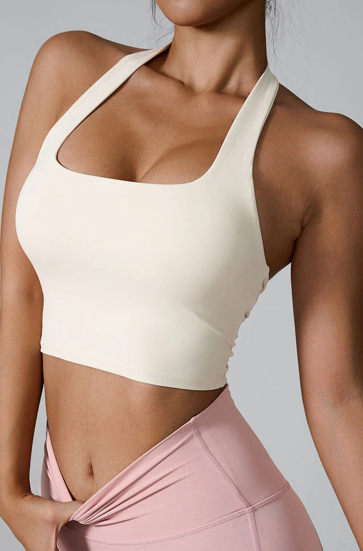 Sleeveless Sports Halter Crop Tank with Built-In Bra - Artadvier